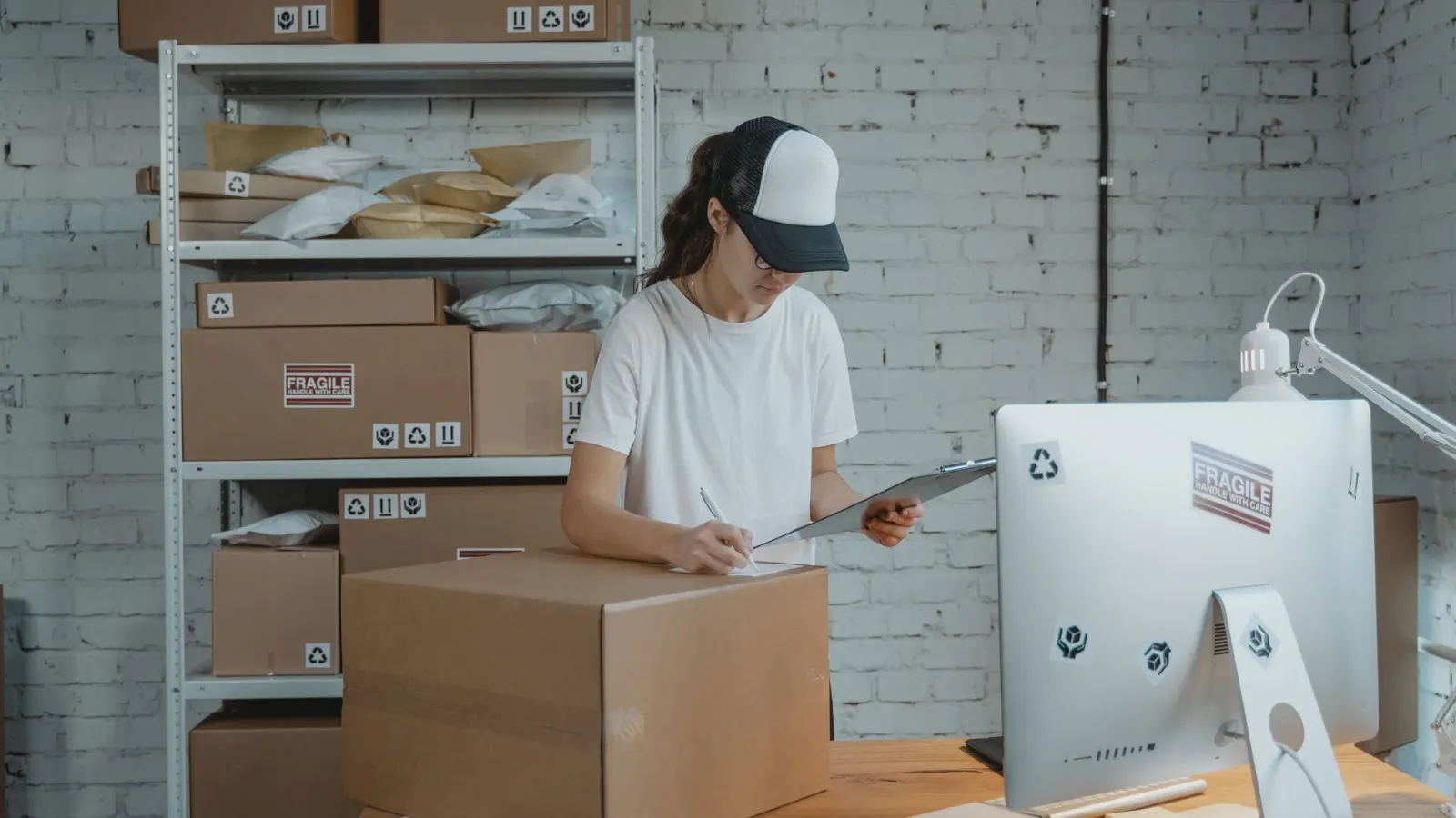 Online seller preparing a parcel and checking fulfillment details beside packaged orders