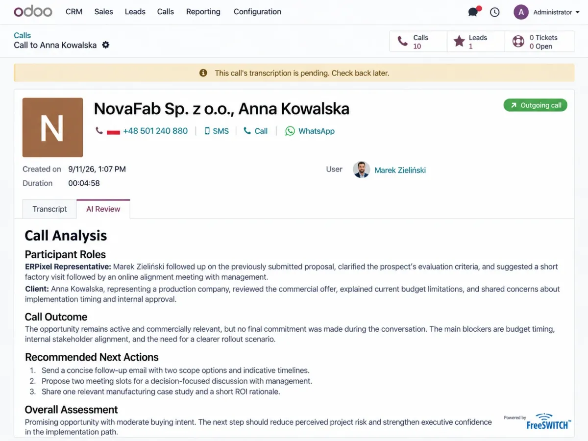 Odoo call record with linked contact, duration and AI review of the conversation