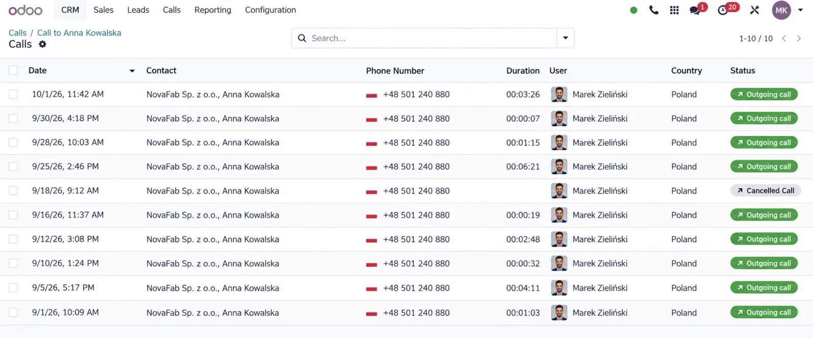 Odoo call history with contacts, phone numbers, duration, responsible users and call status