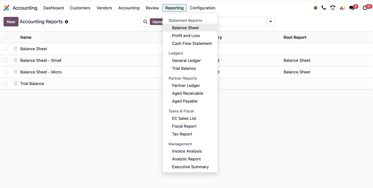 Odoo Accounting Reporting menu showing Balance Sheet, Profit and Loss, and ledger reports