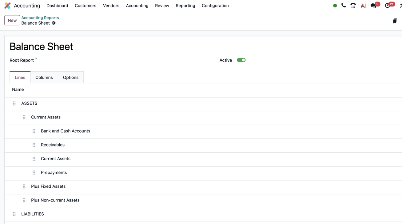 Odoo Balance Sheet configuration with report lines for assets, cash, receivables, prepayments, and liabilities