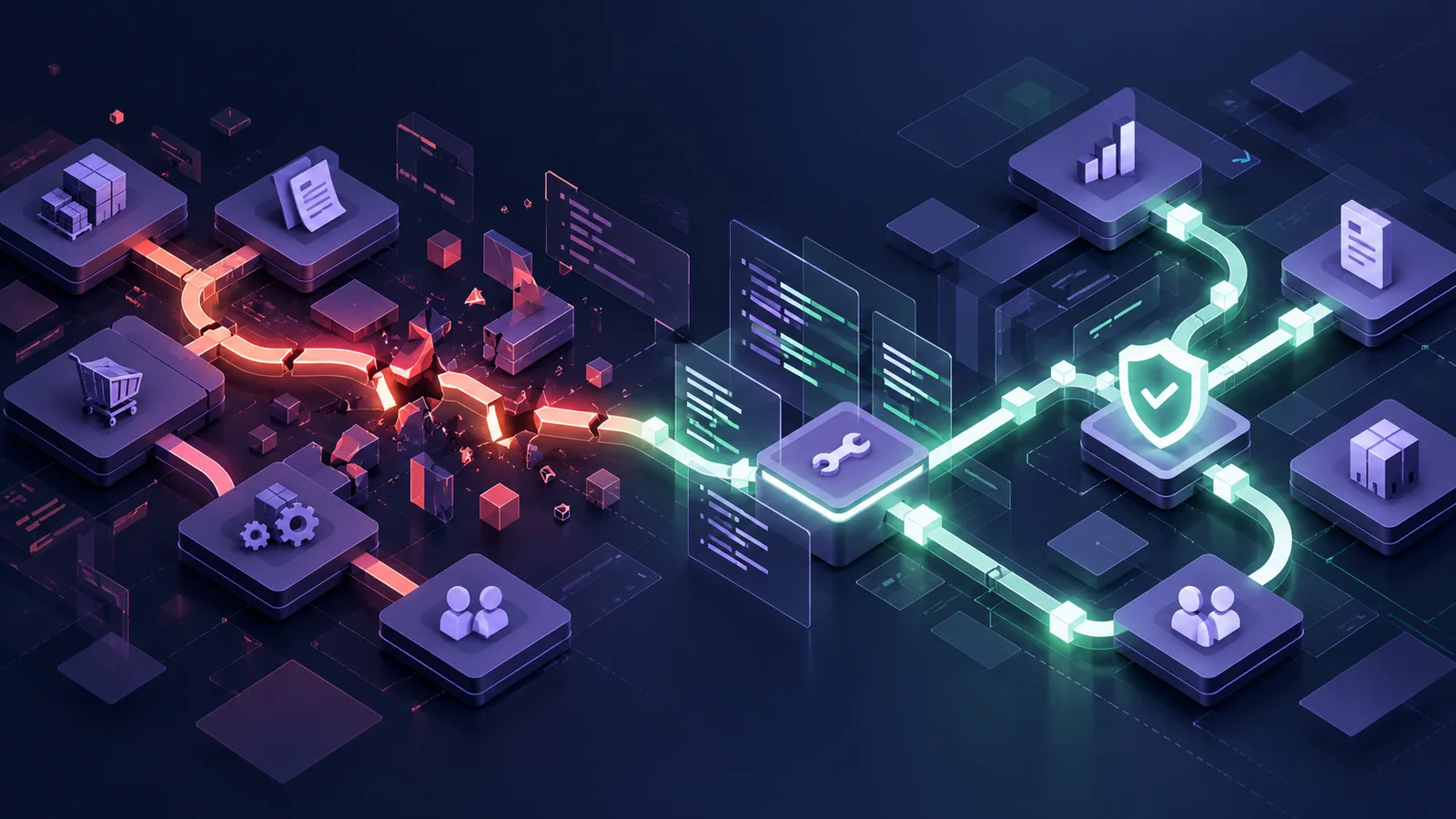 Illustration of a broken business workflow connection restored into an organized reviewed system