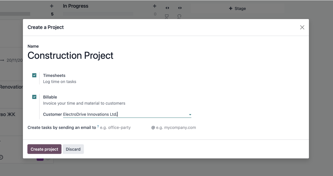 Odoo Create a Project dialog with Construction Project as the name and Timesheets and Billable options enabled