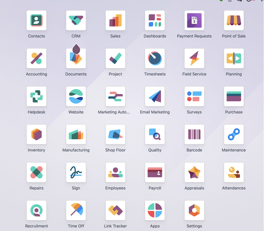 Odoo application launcher with Contacts, CRM, Sales, Payment Requests, Accounting, Documents, Project, Purchase, Inventory, and Payroll