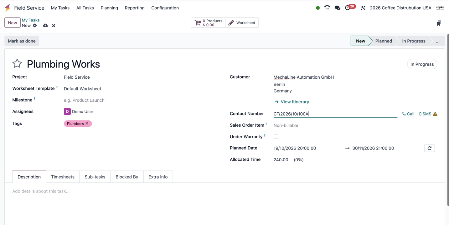 Odoo Field Service task titled Plumbing Works showing assignee, planned dates, allocated time, and customer information