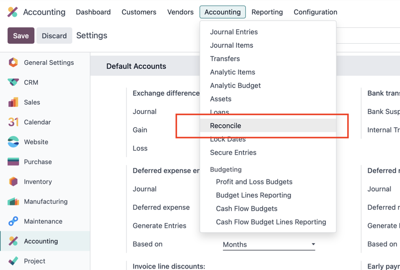 Odoo Accounting menu with the Reconcile option highlighted