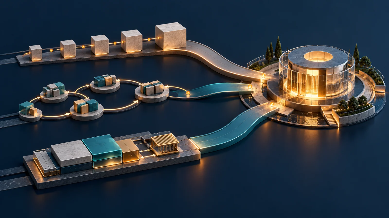 Three routes representing sequential, iterative, and standard-first ERP implementation converge on one operational hub.