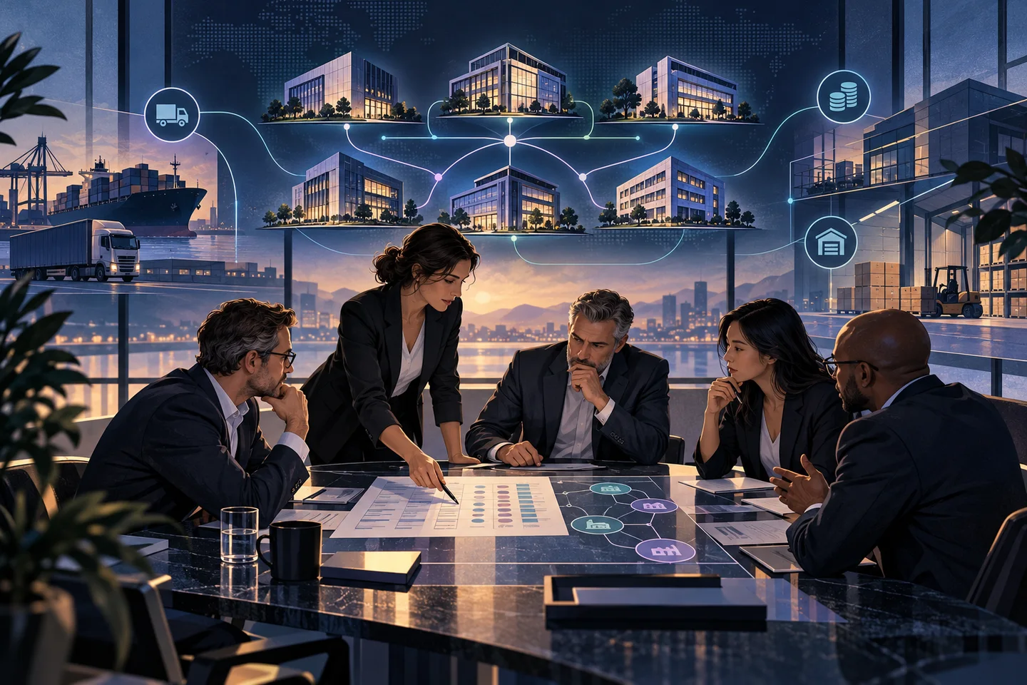 Conceptual illustration of an ERP selection meeting with a comparison matrix and six connected group companies.