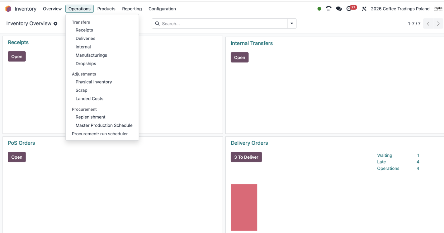 Odoo Inventory overview with the Operations menu open, showing receipts, deliveries, internal transfers and adjustments