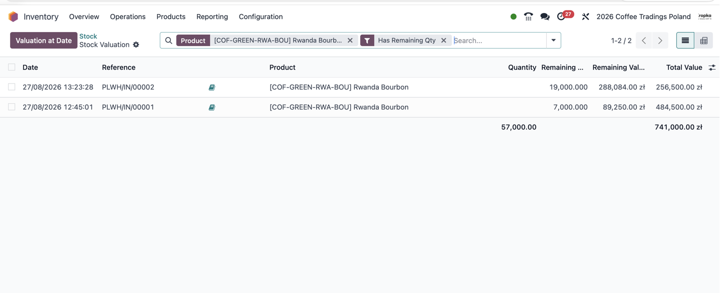 Odoo stock valuation report filtered by product, with receipt references and remaining quantity and value columns