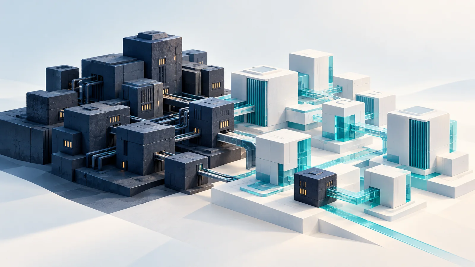 Conceptual illustration of retained legacy modules connected to a modernized business system