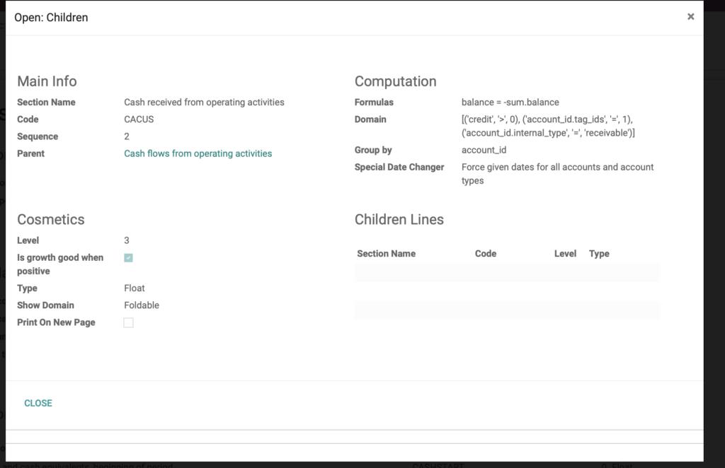 Odoo Cash Flow Line Setting