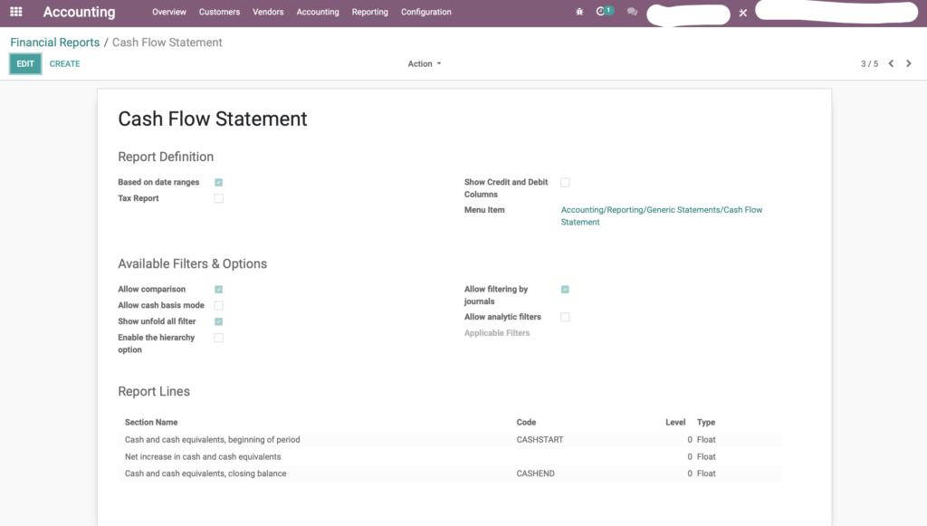 Odoo Cash Flow Settings