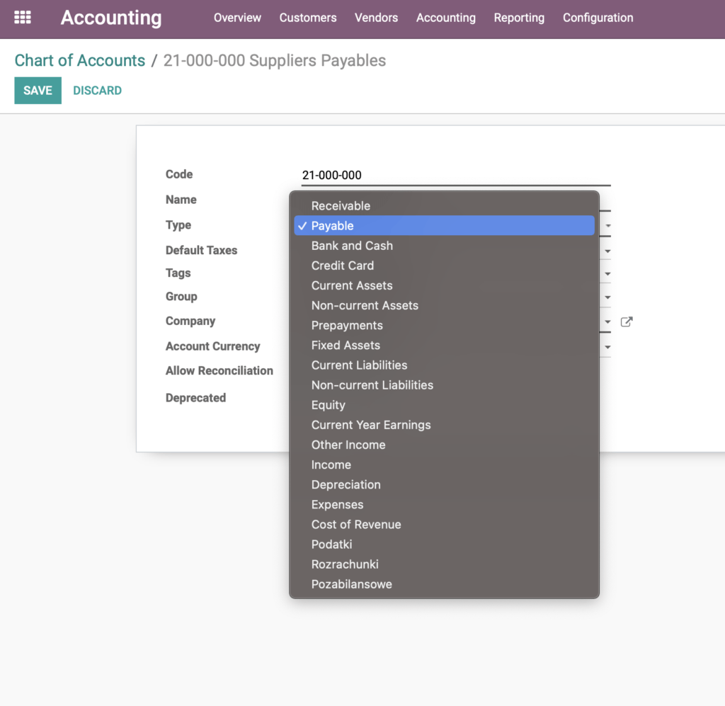 Odoo ERP Account Types