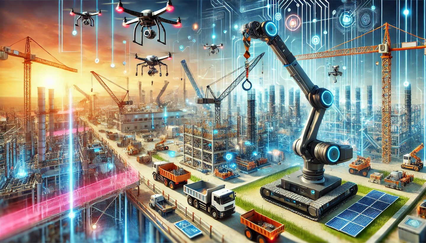 Photorealistic scene of construction automation featuring robotics, drones, and digital controls, showcasing the benefits of Odoo for construction companies