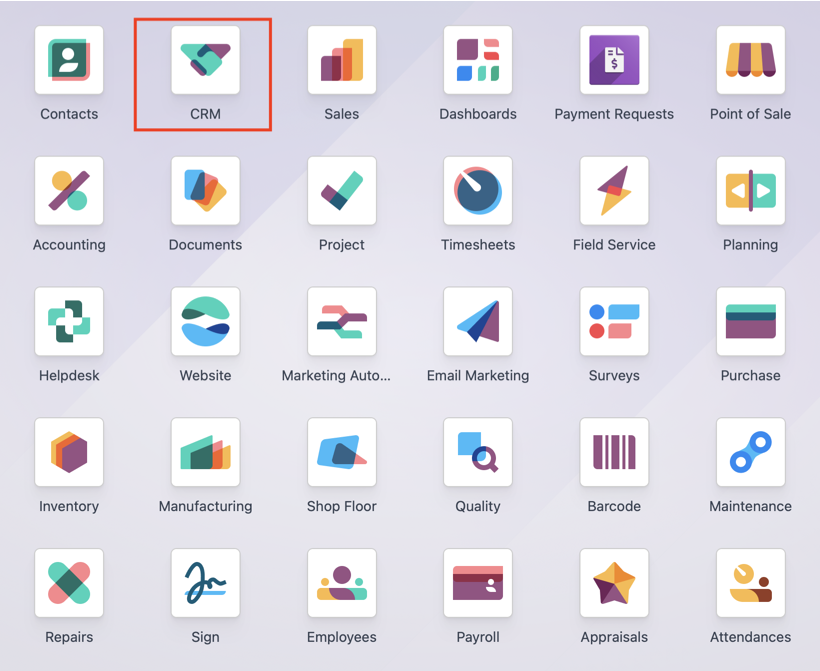 Odoo application launcher with the CRM application highlighted