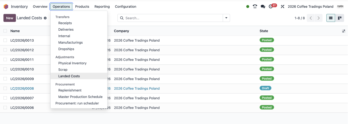 Odoo Inventory Operations menu with Landed Costs selected and a list of draft and posted landed cost documents