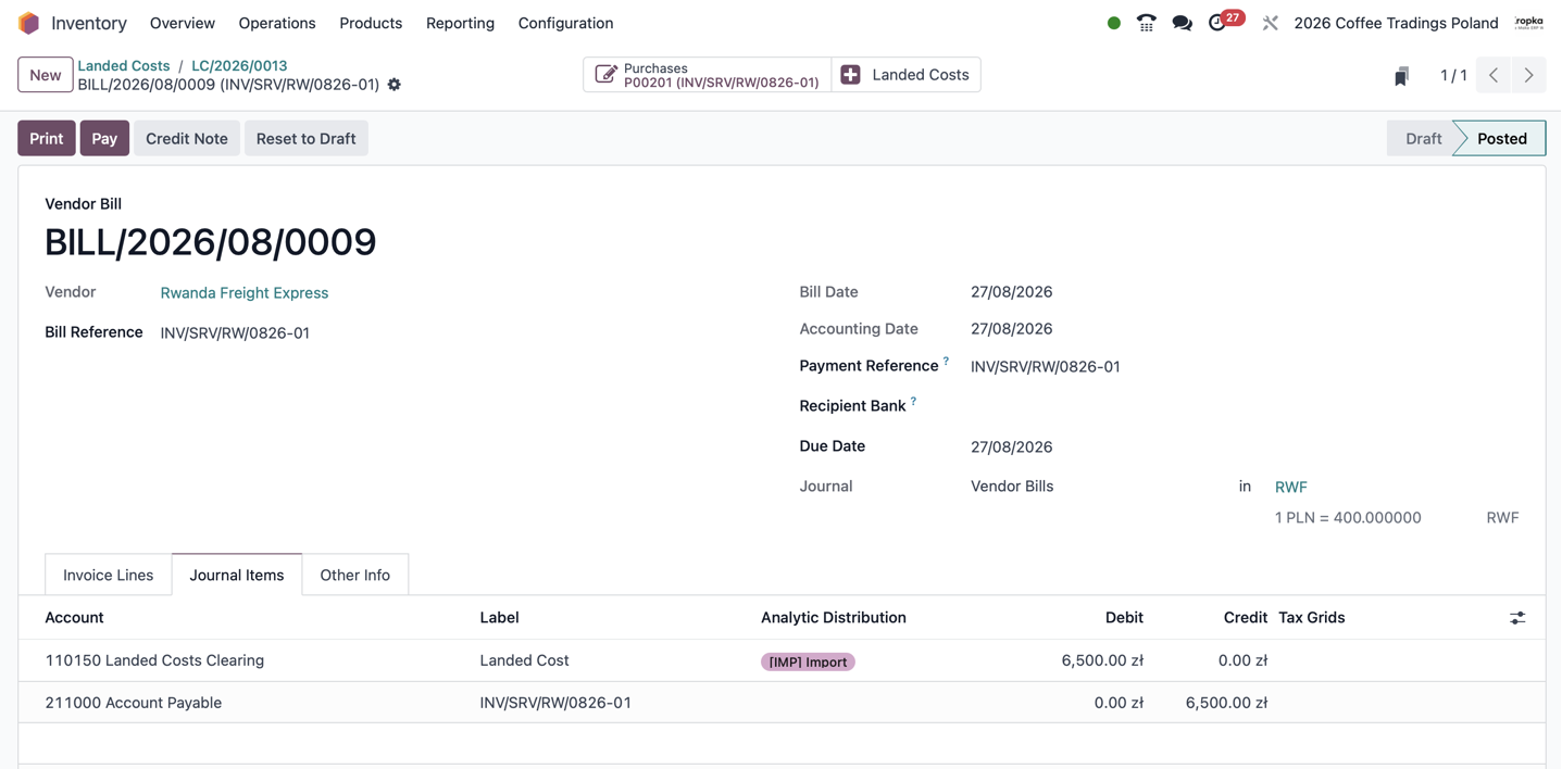 Odoo vendor bill journal items showing a 6,500 PLN debit to Landed Costs Clearing and credit to Account Payable