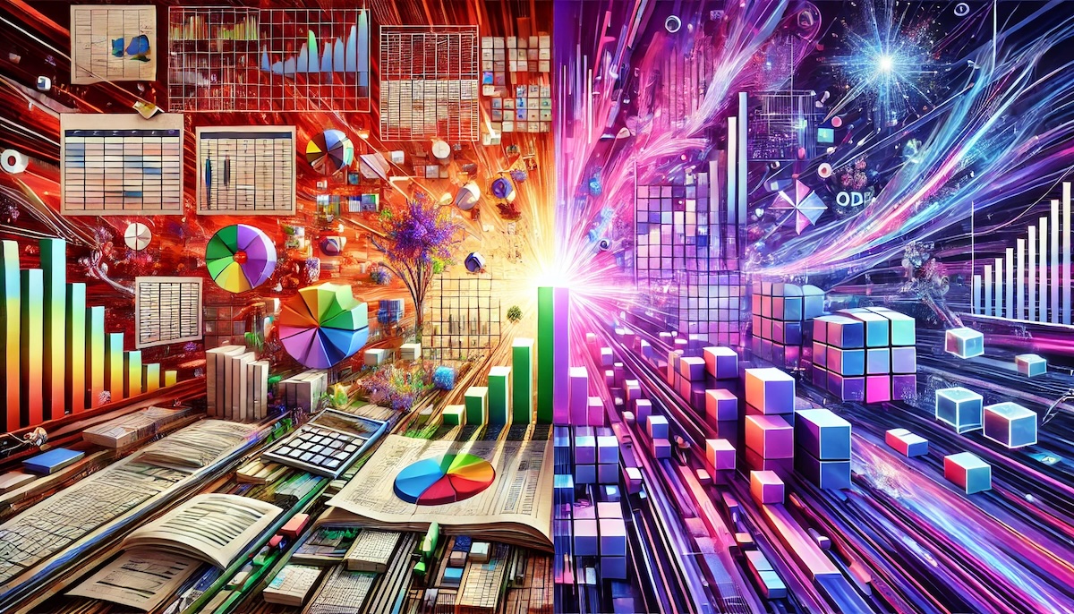 Visual comparison of Odoo ERP vs Excel spreadsheet for business process management, abstract futuristic style with vibrant purple and white theme, symbolizing automation and efficiency.