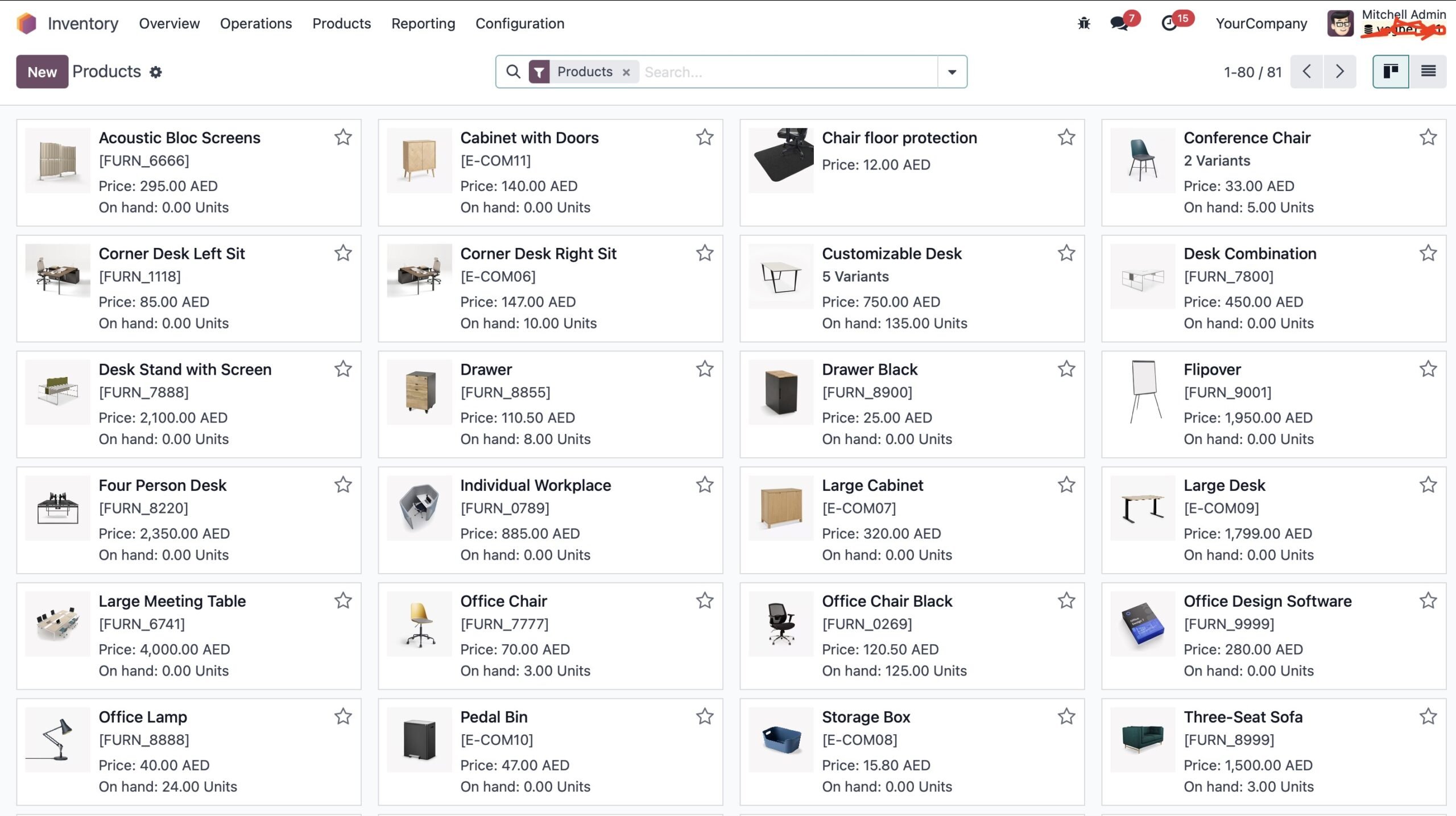 Odoo Products Kanban Mode example