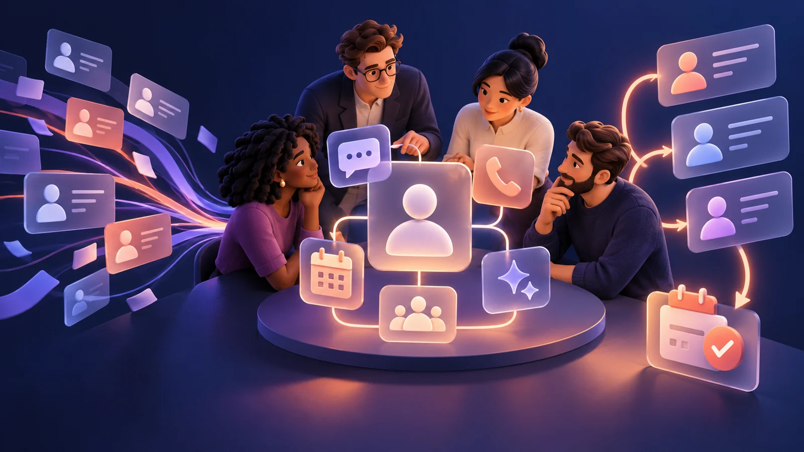 Conceptual illustration of a cross-functional team organising customer relationships, conversations, and follow-up actions.