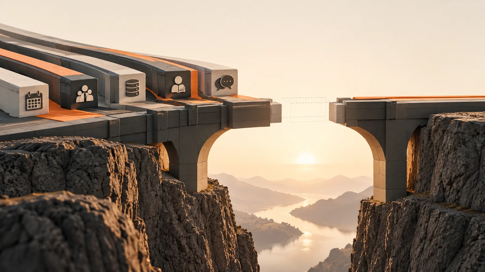 Conceptual illustration of an unfinished modular bridge with disconnected project workstreams