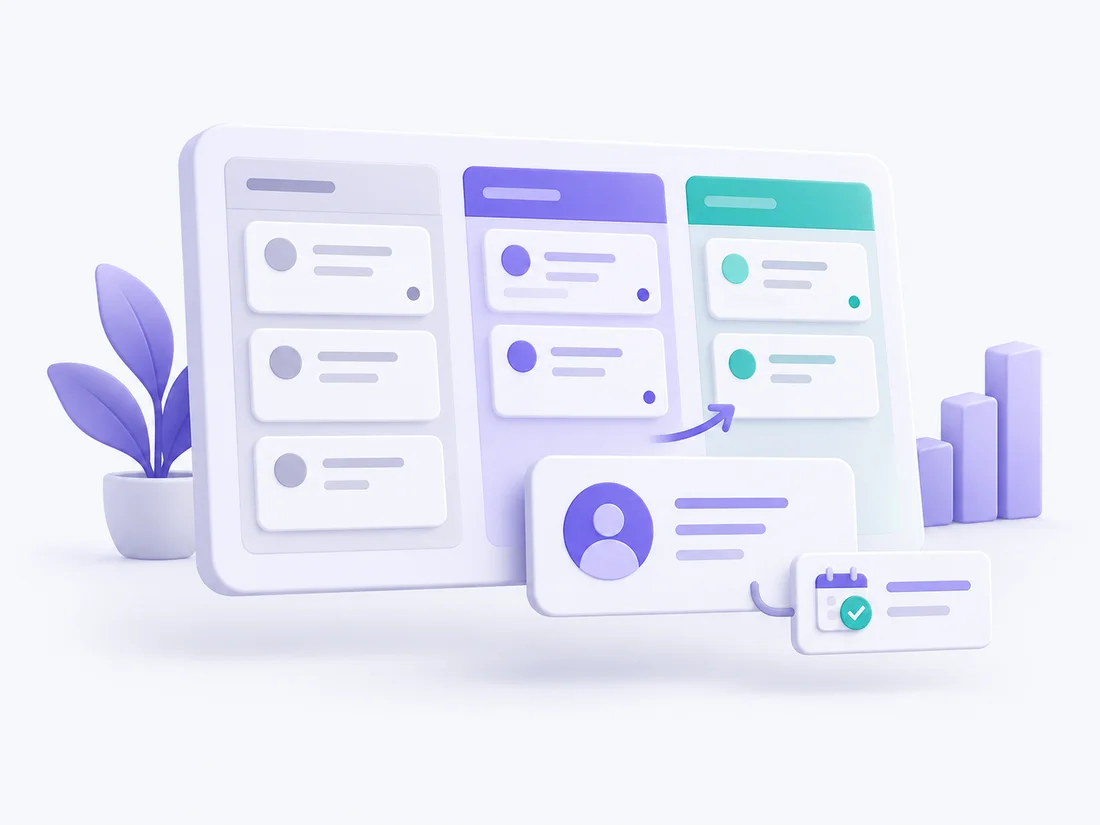 Illustration of a CRM pipeline, customer profile and scheduled next action