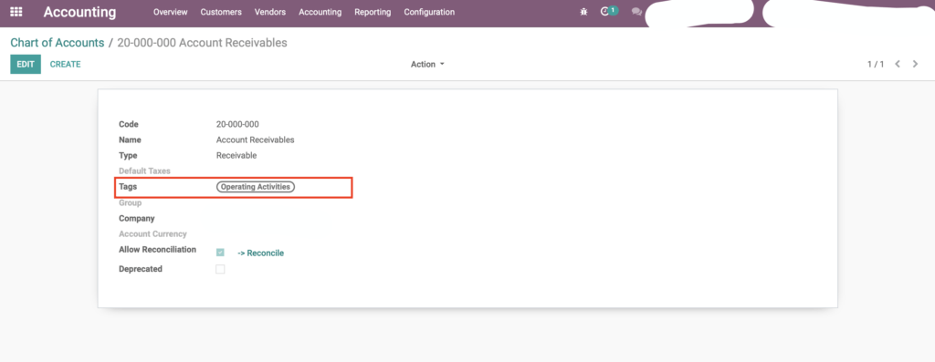 Odoo: Account Tag assigned to Account