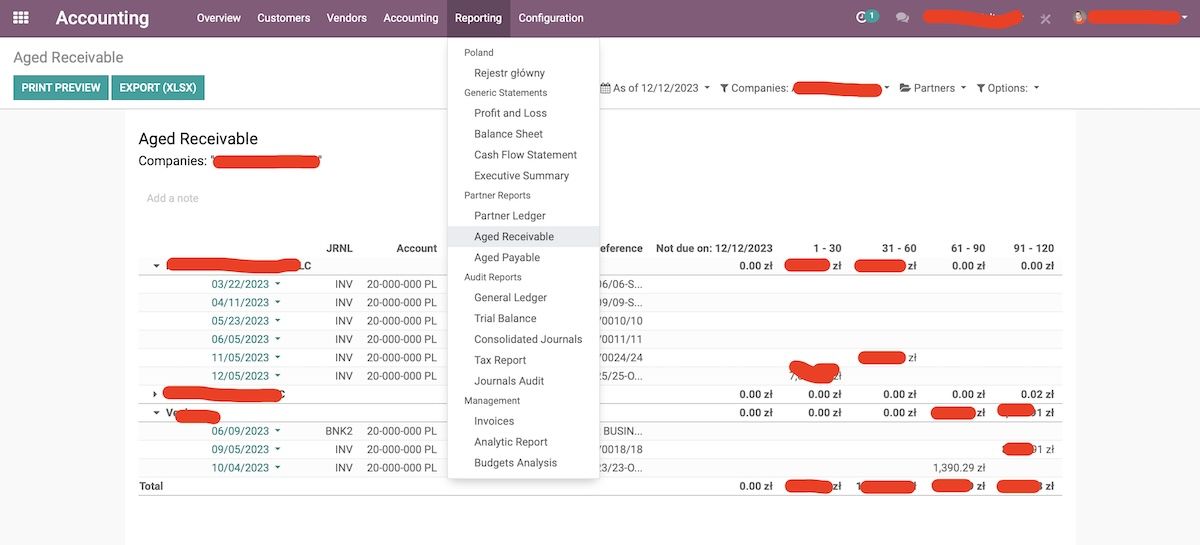 Aged Receivable Odoo Report