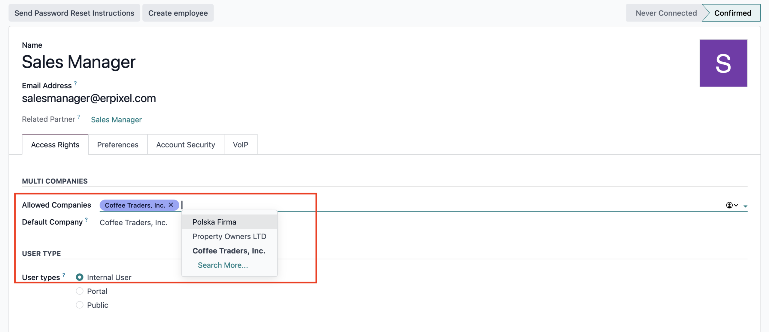 Allowed Companies in Odoo, Users Access Rights. Branch Management