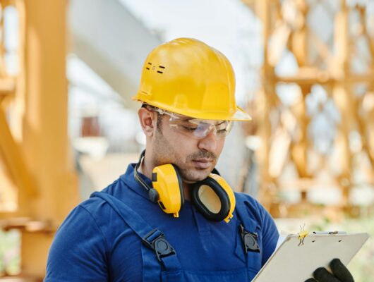 Construction engineer in safety gear reviewing plans at site.