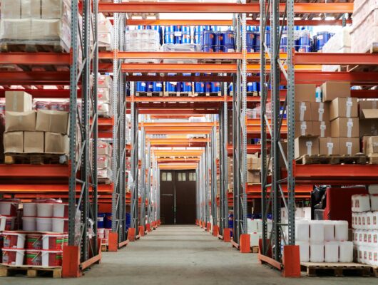 Wide angle view of a warehouse with stocked shelves and boxes.