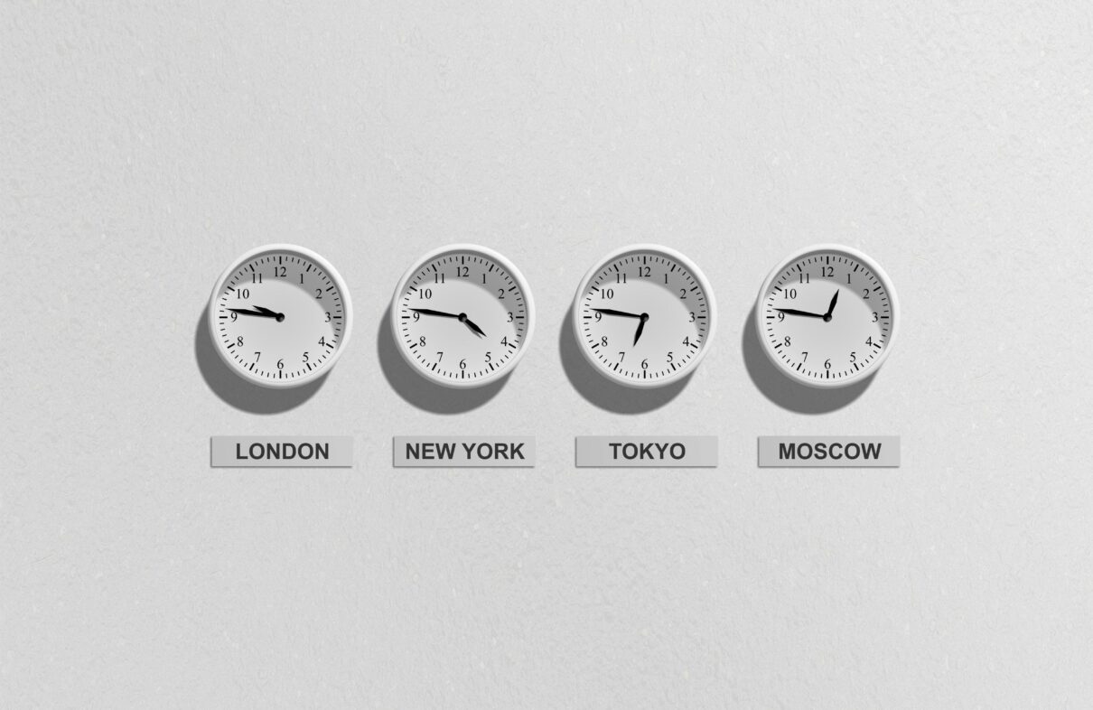 Four wall clocks showing different time zones for London, New York, Tokyo, and Moscow.