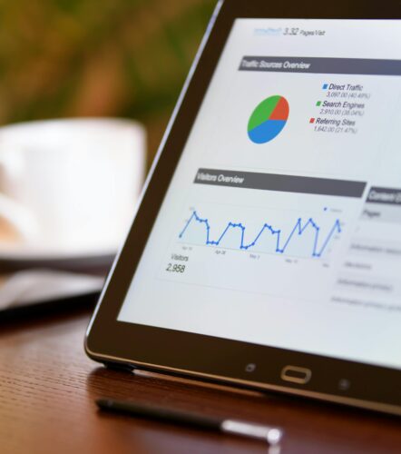 Close-up of a tablet displaying analytics charts on a wooden office desk, alongside a smartphone and coffee cup.